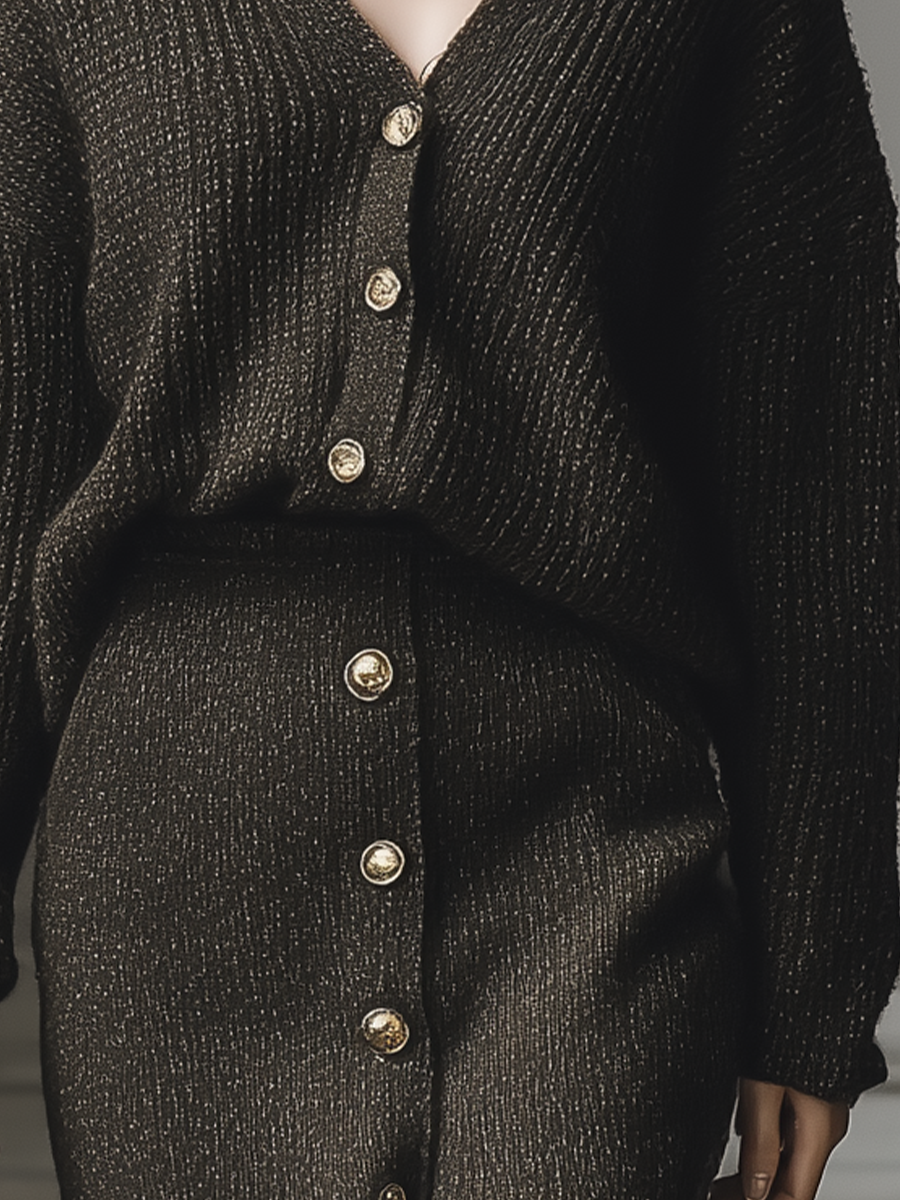 Conjunto de blusa de punto negra para mujer y falda con botones MDA2365J2T