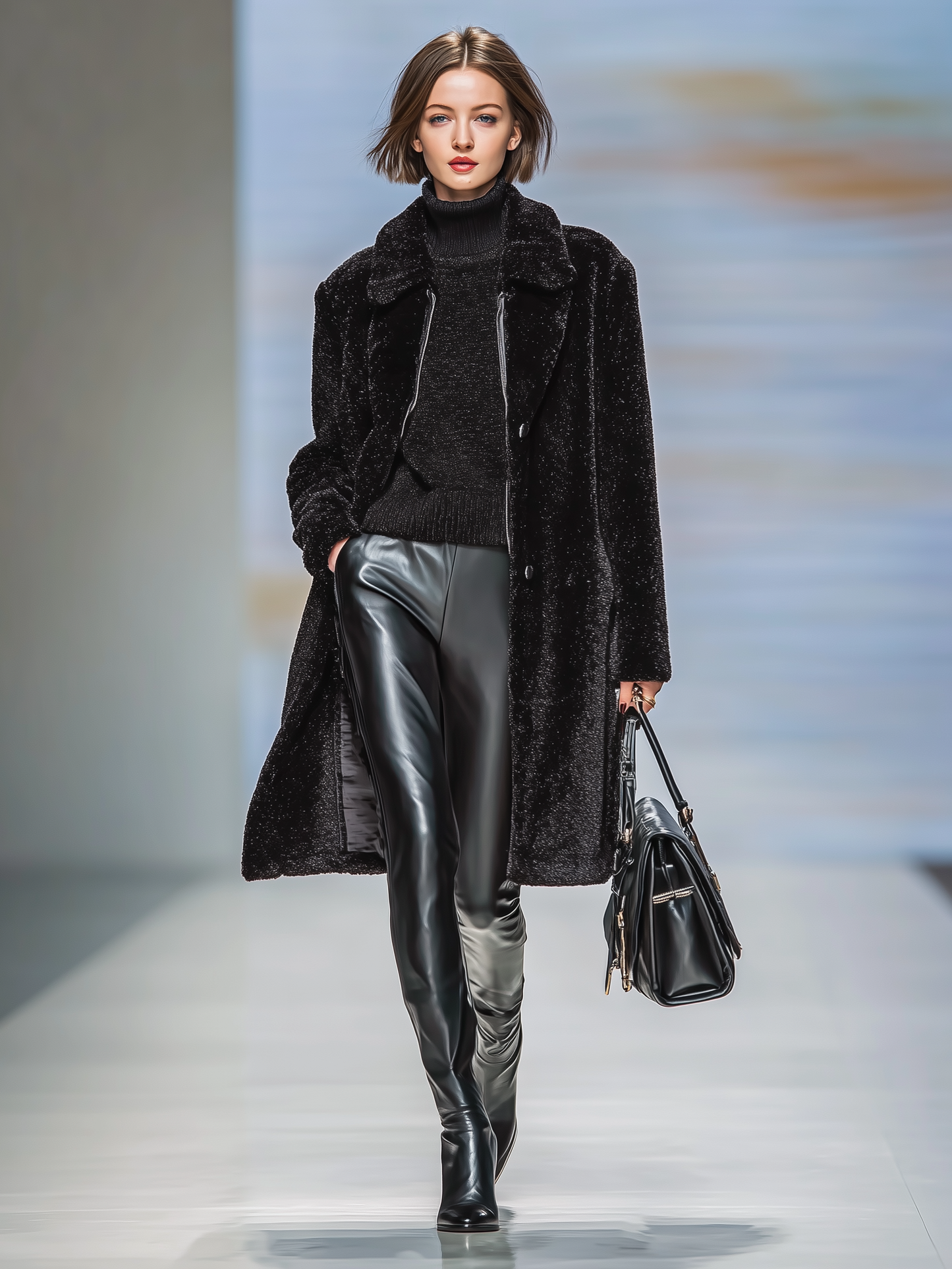 Abrigo de mujer de felpa con efecto de piel sintética, con solapa, de un solo pecho y de longitud media MDA1008J3Y