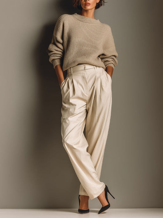 Conjunto de suéter clásico de punto beige oversize para mujer y pantalones de pliegues de talle alto MDA1754J9I
