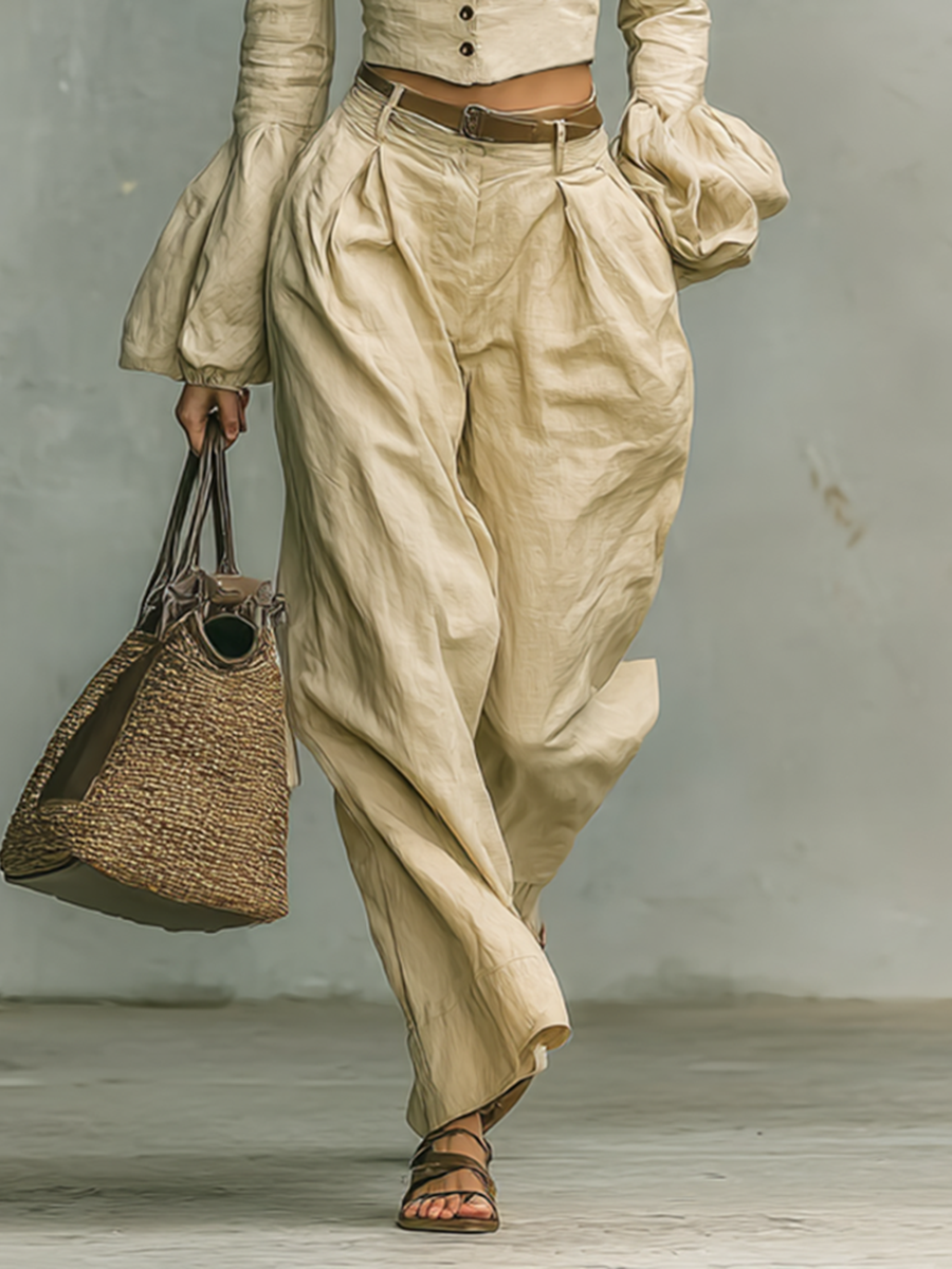 Conjunto de dos piezas de mujer con camisa de manga larga estilo retro de lino con cuello elevado y pantalones