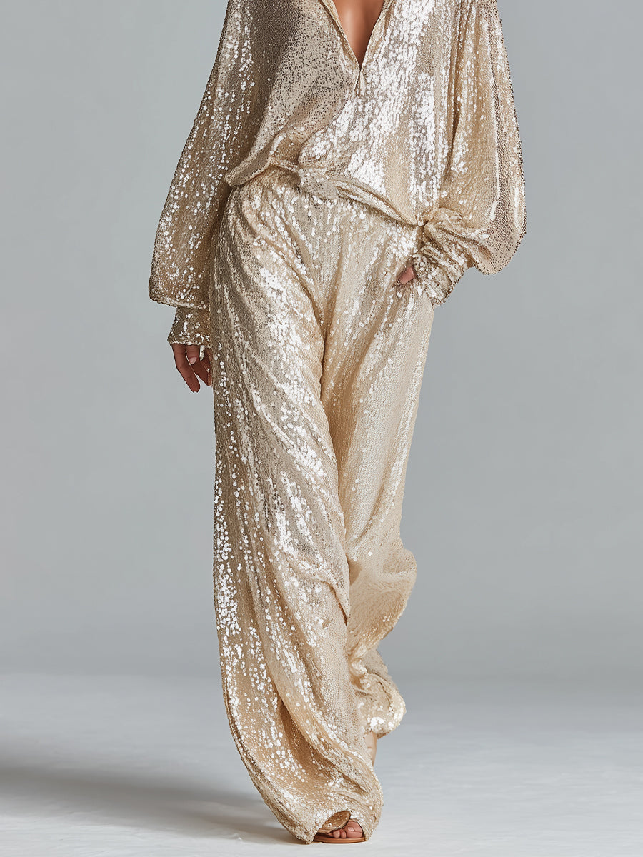 Conjunto de moda para mujer en oro brillante con cuello de lentejuelas, media cremallera, pantalones anchos y cómodos para fiesta MDA2425I0I