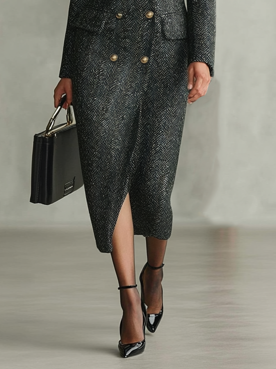 Abrigo largo de mujer con cuello de piel desmontable y patrón de espiga minimalista MDA2844I9Y