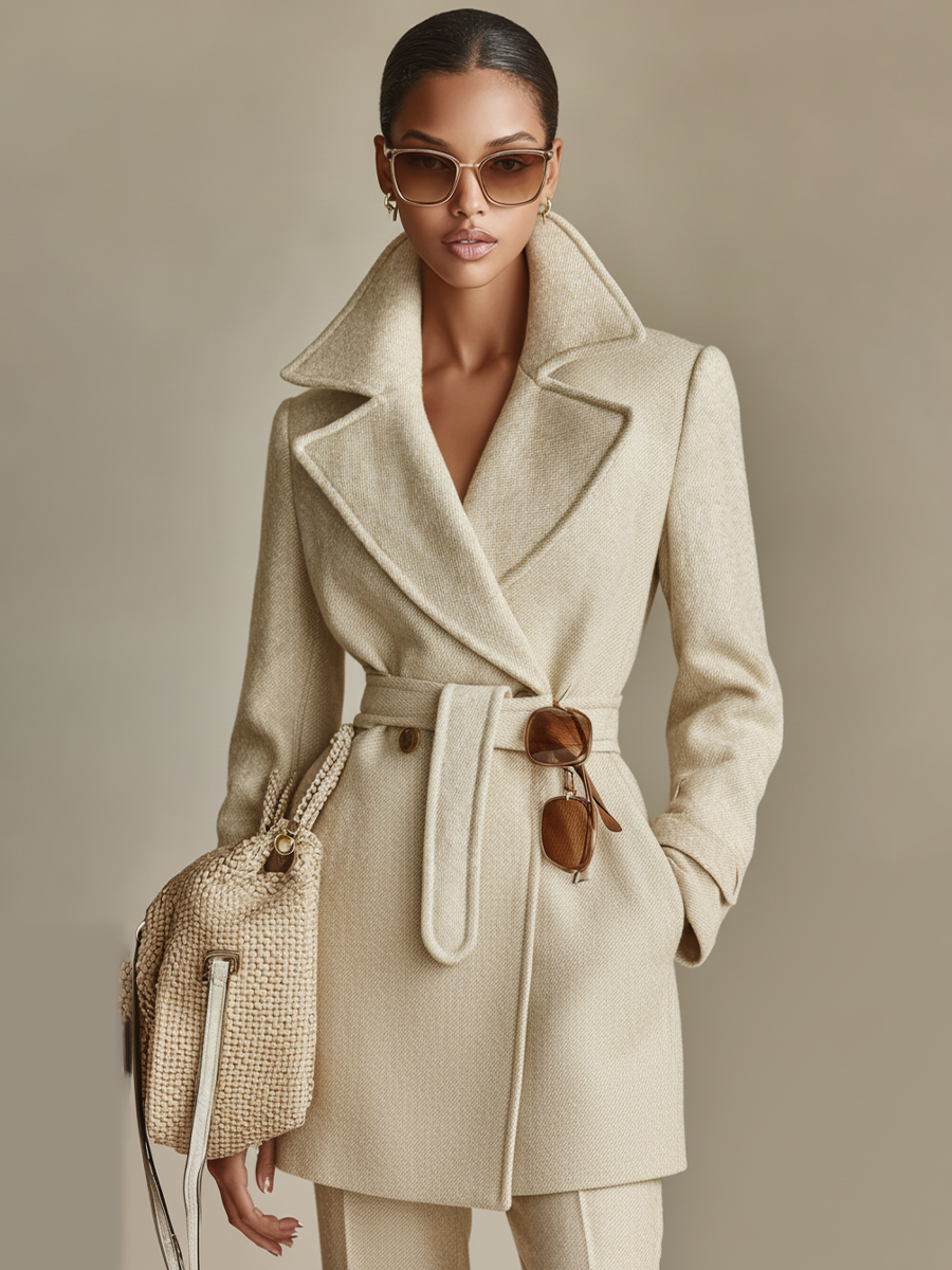 Abrigo de mujer en color beige claro y entallado hecho de mezcla de lana con cinturón MDA1555J2I