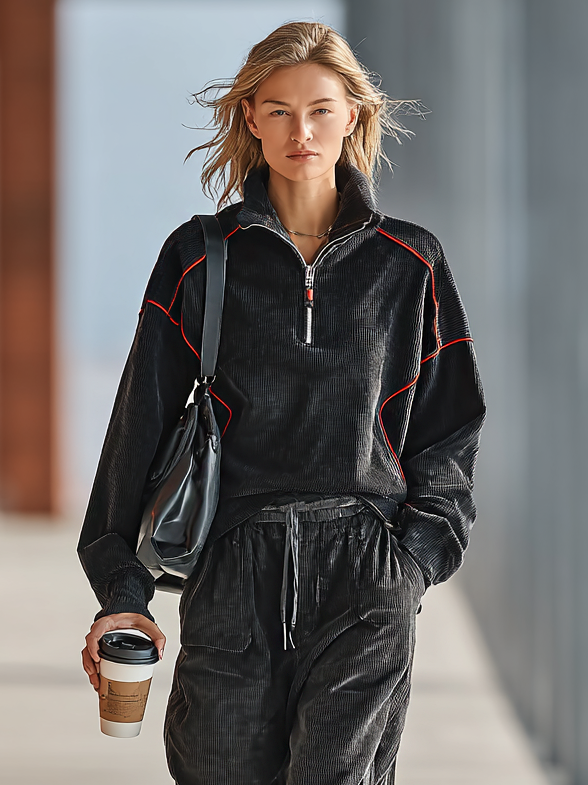 Conjunto de sudadera y pantalón sueltos para mujer de pana roja con ribete y cremallera, con solapa MDA2800I0Y