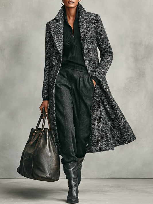 Abrigo largo de doble botonadura para mujer con cuadro de espina de pescado minimalista de mezcla de lana MDA1875I1Y