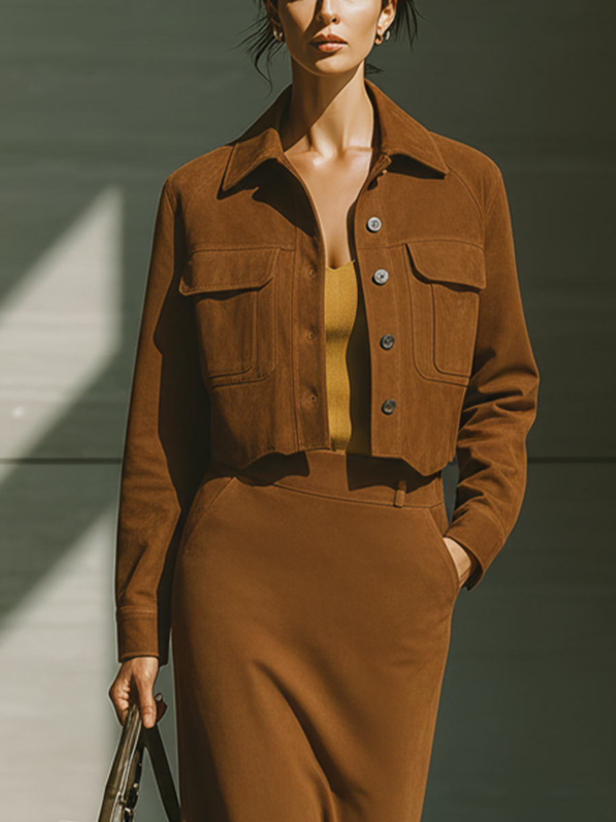 Conjunto de chaqueta corta de ante sintético color caramelo para mujer y falda de tiro alto MDA1649J2T