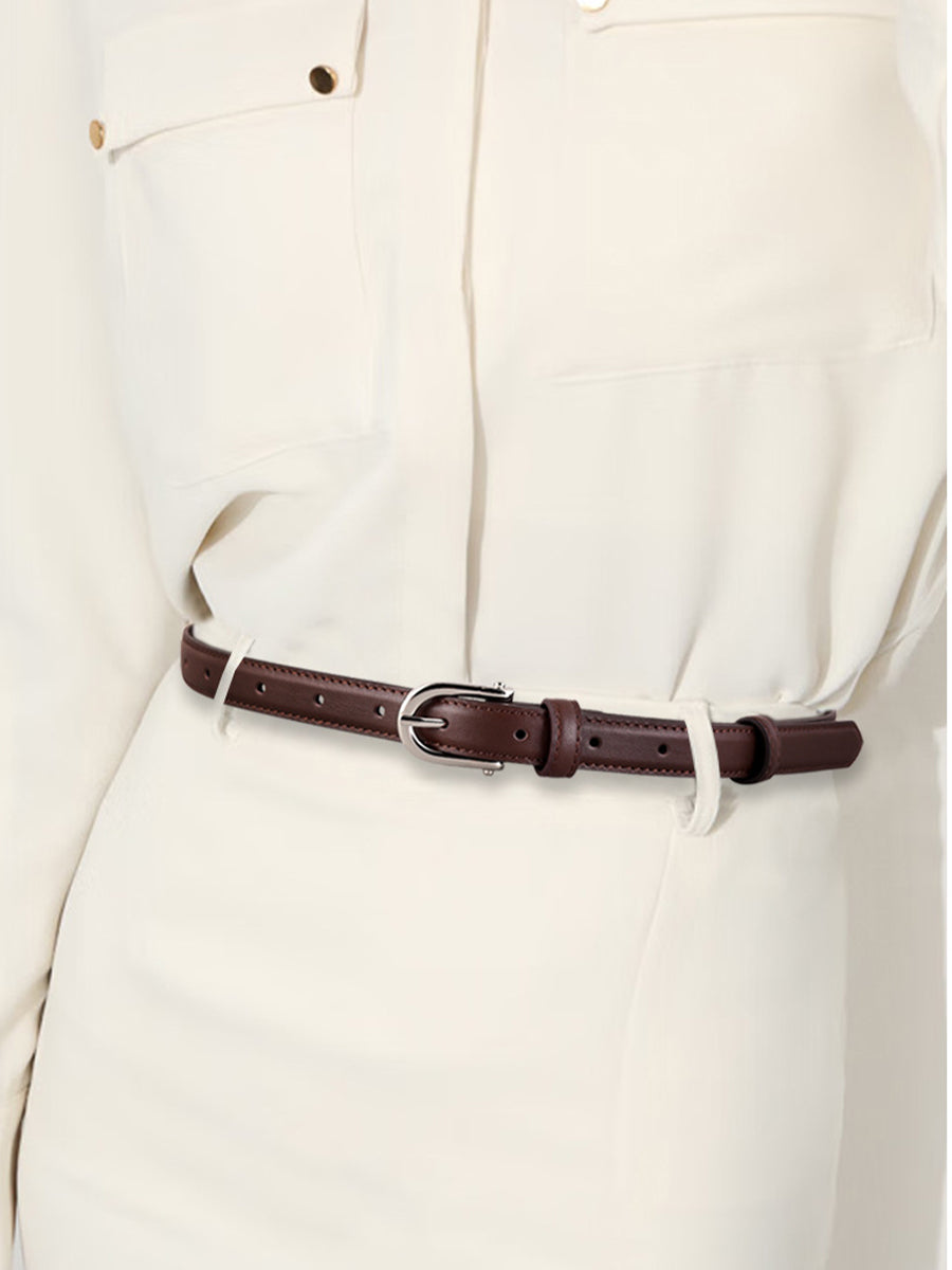 Cinturón de mujer marrón clásico de cuero sintético dorado con hebilla MDA0898H6I