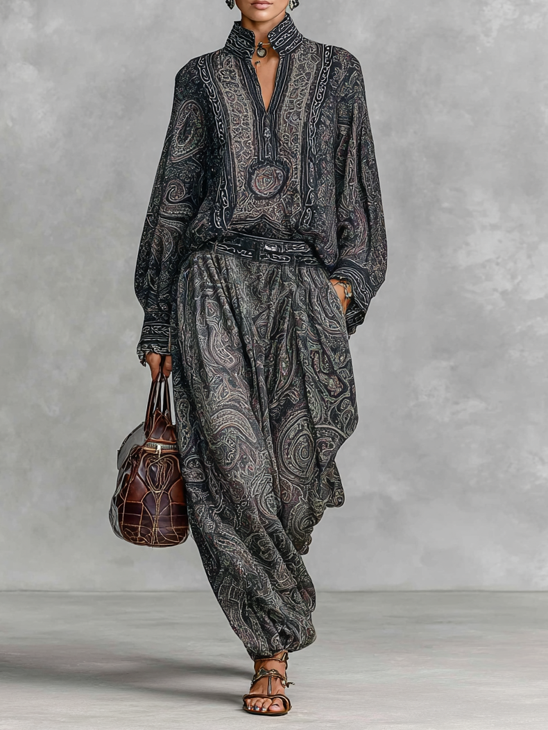 Conjunto de dos piezas para mujer, camisa de manga larga con cuello alto y estampado cachemira vintage, pantalones