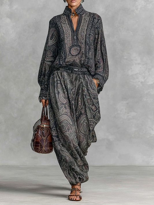 Conjunto de dos piezas para mujer, camisa de manga larga con cuello alto y estampado cachemira vintage, pantalones