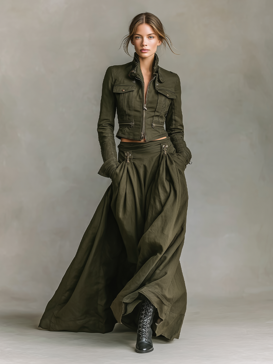 Conjunto de chaqueta corta y falda maxi de mujer con cremallera en verde audaz 100% algodón MDA1819I7I