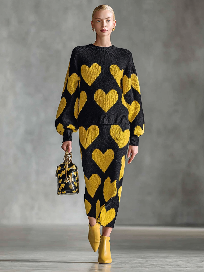 Conjunto de sudadera y falda de punto con corazón jacquard de mujer con cuello redondo MDA1599J8Y