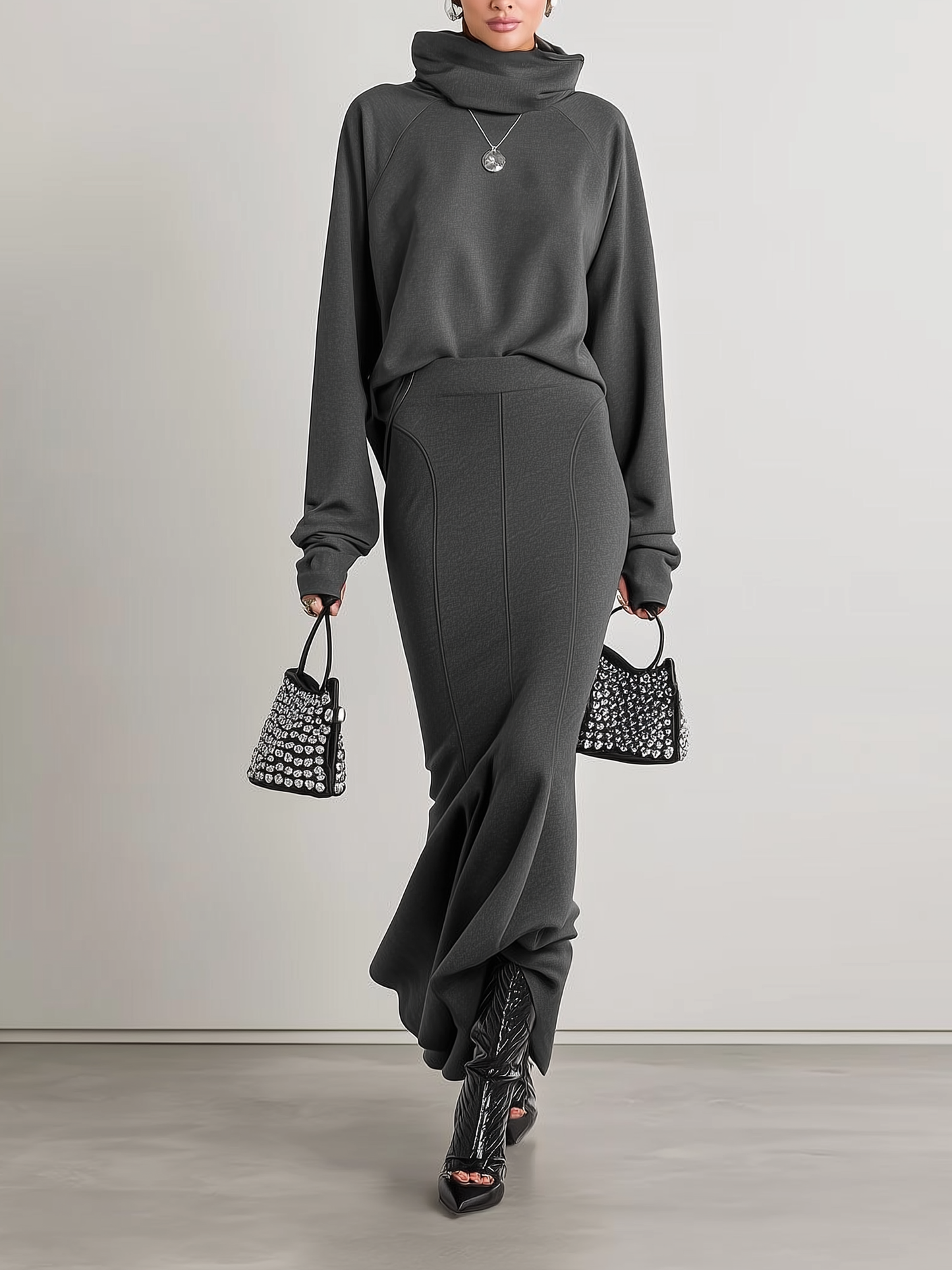 Conjunto de sudadera de manga larga con cuello medio para mujer, falda con cola de pez ajustada a la cadera MDA1136J6Y