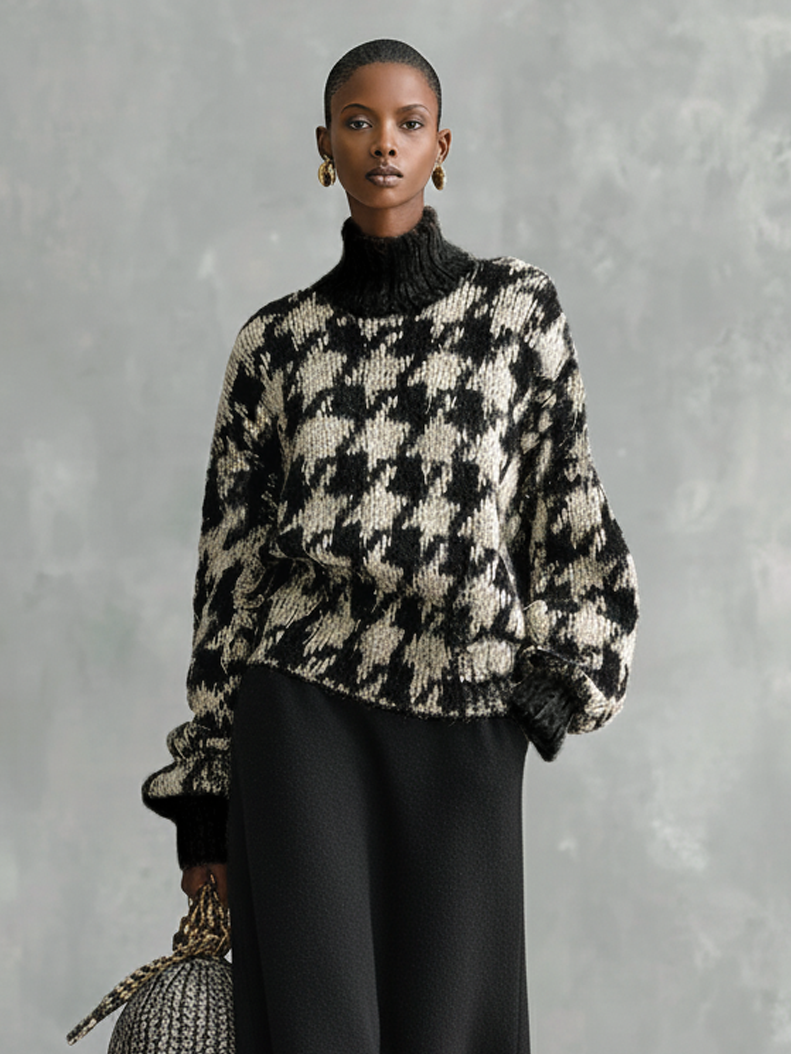 Conjunto de falda y suéter de punto con cuello tipo tortuga y jacquard de pienso para mujer MDA1608J0Y