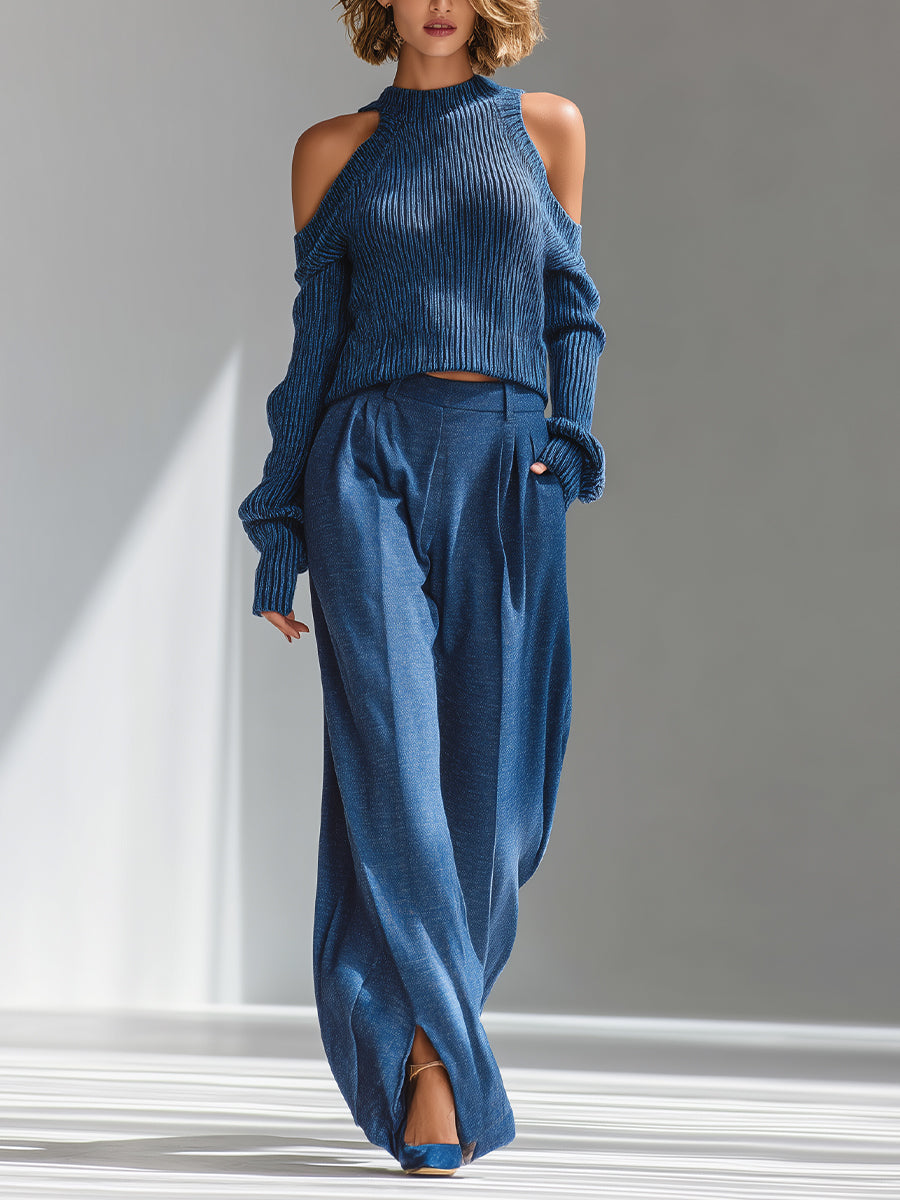 Conjunto de Suéter con Cuello Deportivo y Pantalones de Pierna Ancha para Mujer en Azul Elegante de Punto Ribeteado