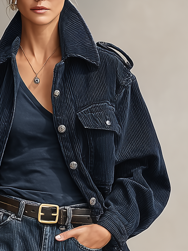 Chaqueta de mujer de pana suelta de un solo botonadura con anillas epaulette MDA2877I7Y