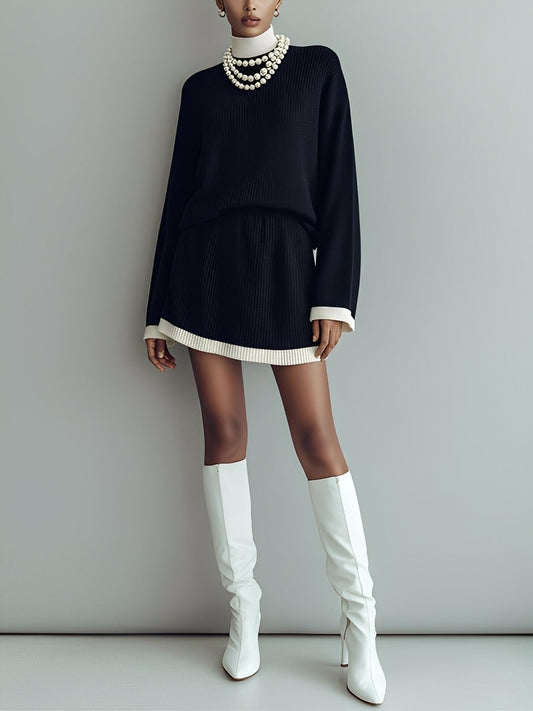 Conjunto de Suéter Mini de Punto en Negro y Blanco para Mujeres, Contraste y Detalle Elegante MDA1328J8I