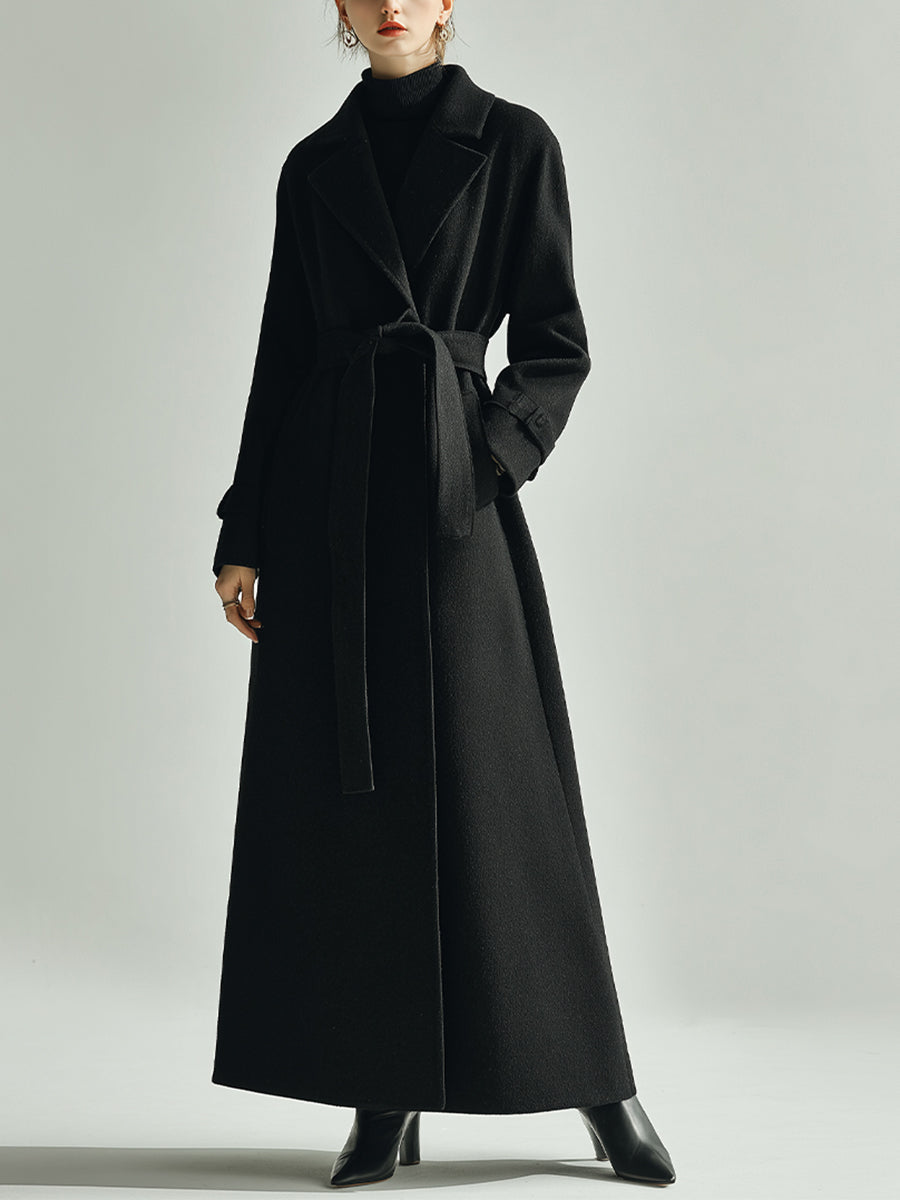 Abrigo Maxi de Mujer en Lana Negra Elegante con Solapa en Punta y Cinturón en la Cintura, Estilo de Lujo Atemporal MDA2480J6I