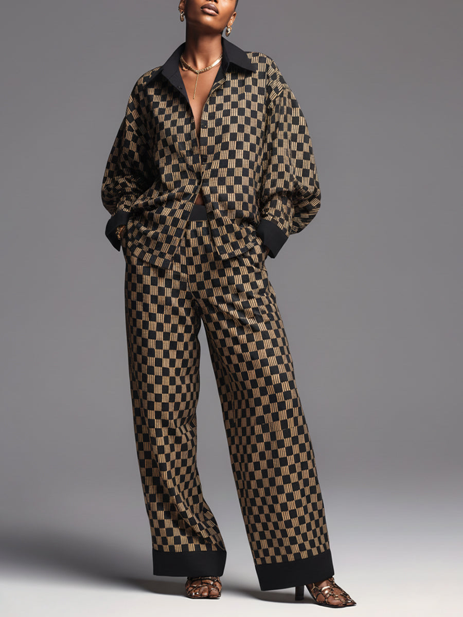 Conjunto de mujer a cuadros en negro y beige oversize con ribetes en contraste y ajuste relajado, conjunto inspirado en la moda callejera MDA2474J8I