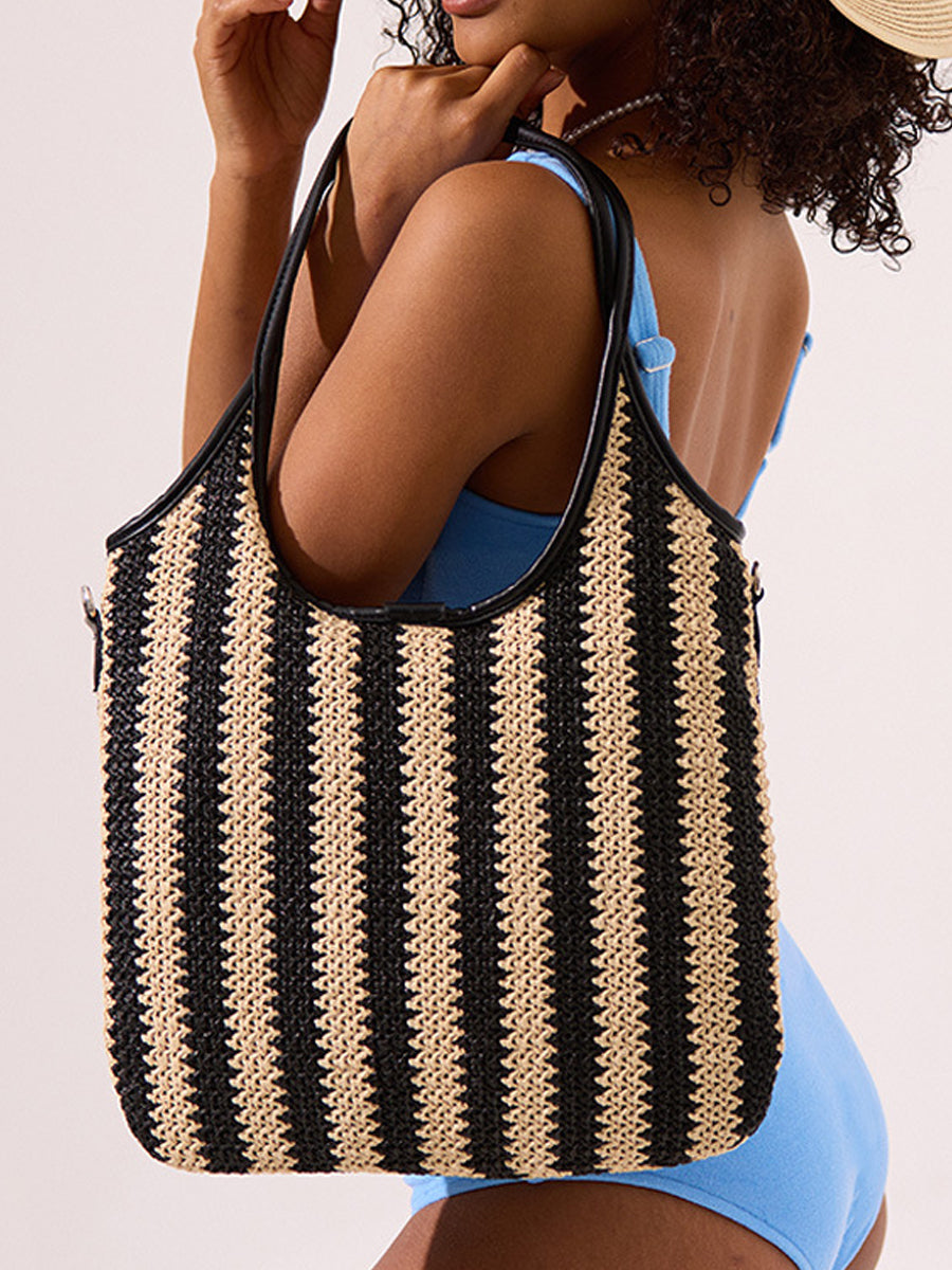 Bolso de hombro vintage de paja con rayas contrastantes para mujer MDA0831H2Y