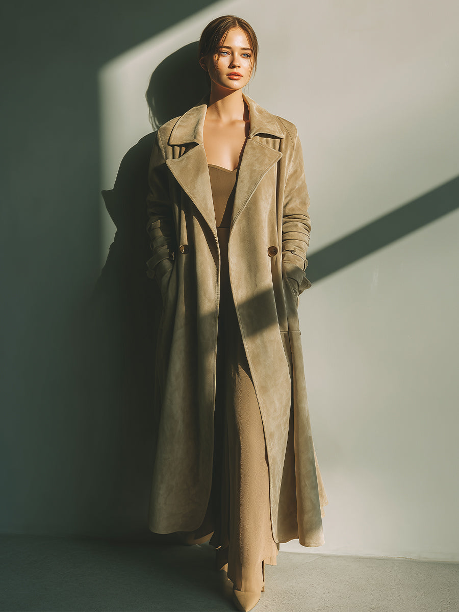 Abrigo de Dama Beige Elegante de Ante Con Doble Botonadura MDA2096J2I