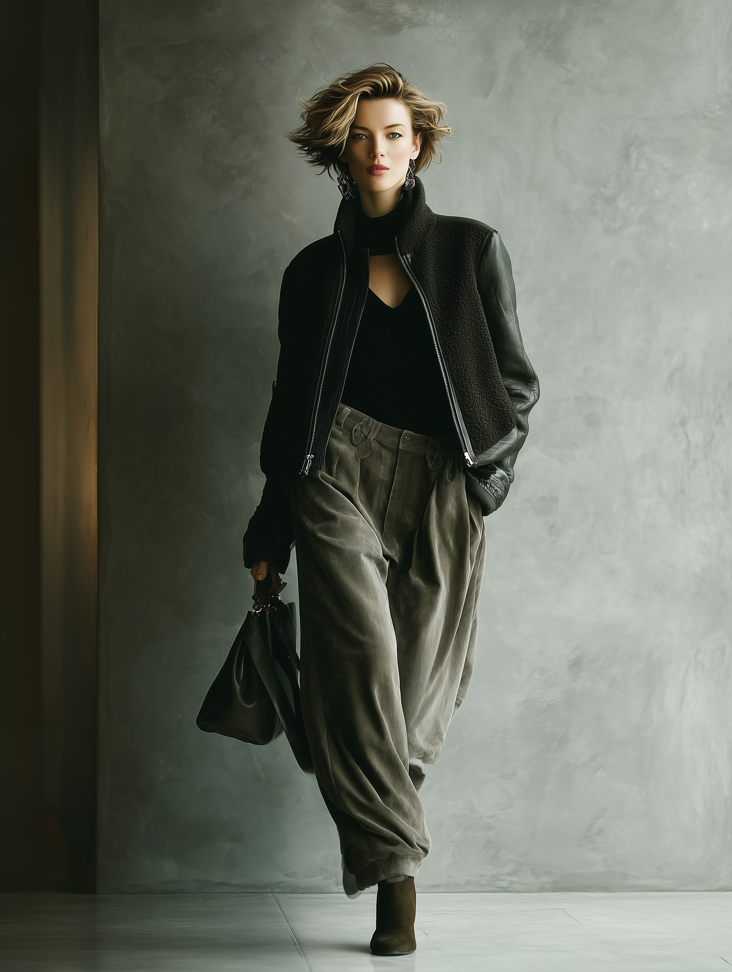 Chaqueta de mujer negra con paneles de sherpa y poliéster con cuello alto MDA1752J8T