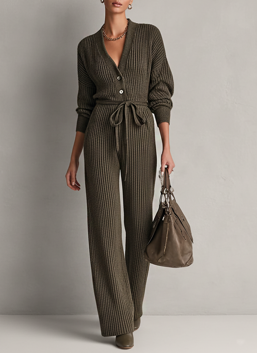 Teresa| Mono de punto minimalista para mujer con cuello en V, botones y cinturón