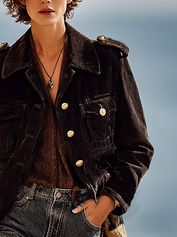 Chaqueta de mujer minimalista suelta de pana con hombreras y cierre sencillo MDA2858I2Y