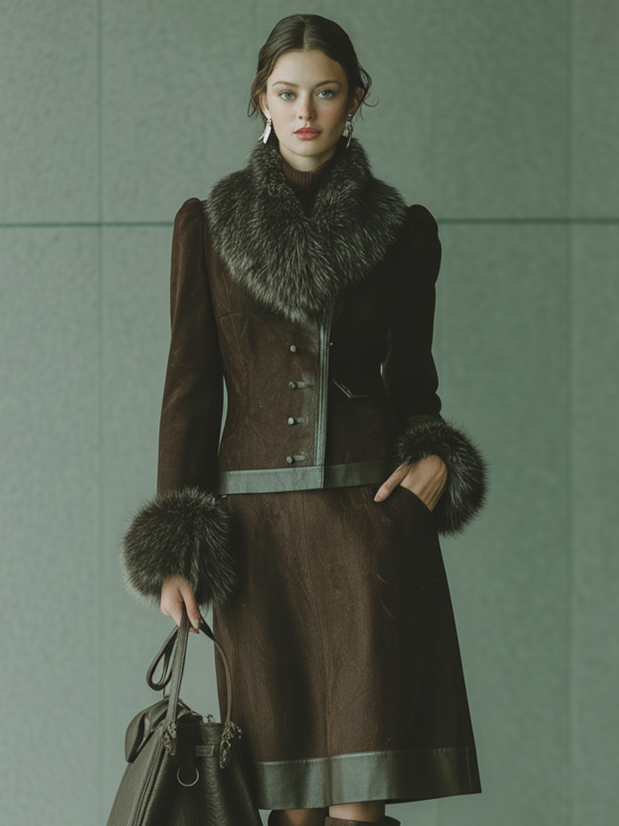 Chaqueta ajustada cómoda con cuello de ante sintético marrón oscuro para mujer MDA2004J5T