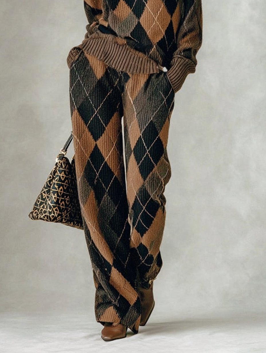 Conjunto de Suéter de Cuello Alto y Pantalones Rectos de Jacquard Argyle para Mujer MDA1596J6Y