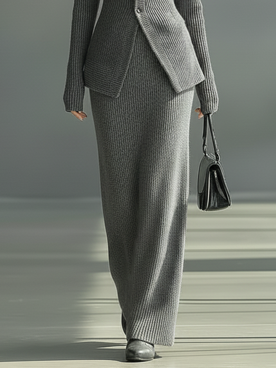 Conjunto de suéter de punto gris y falda recta para mujer MDA2402J5T