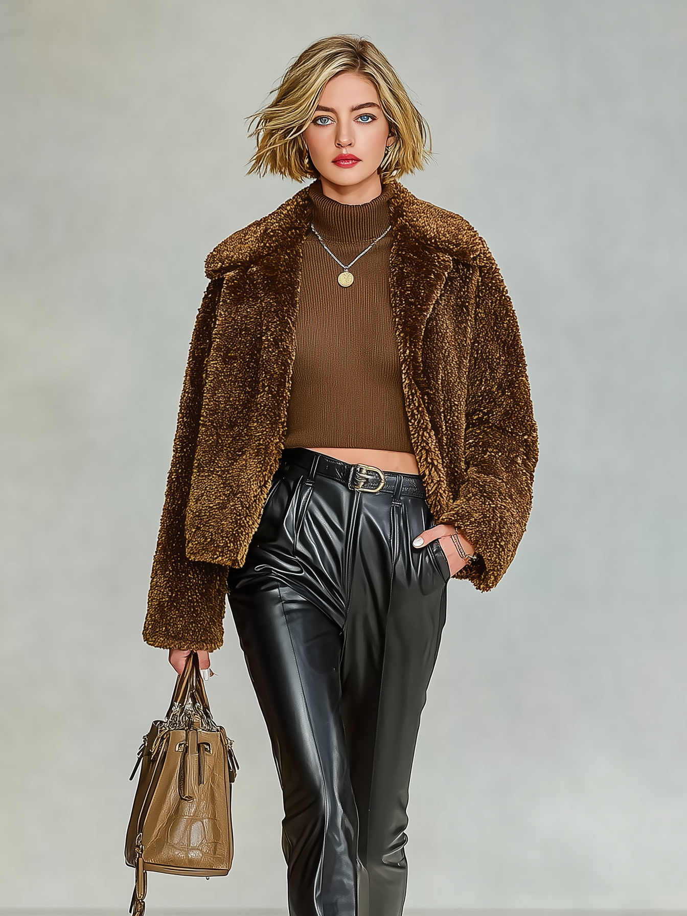 Chaqueta corta de mujer de felpa mezcla con solapa y sin botones MDA1081J7Y