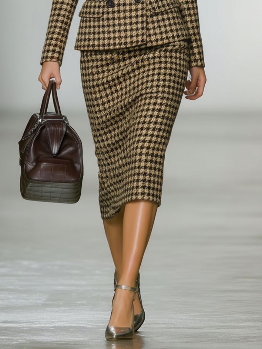 Conjunto de blazer y falda con cuello de piel desmontable para mujer en patrón de tejido de perro con espiga MDA1772J0Y