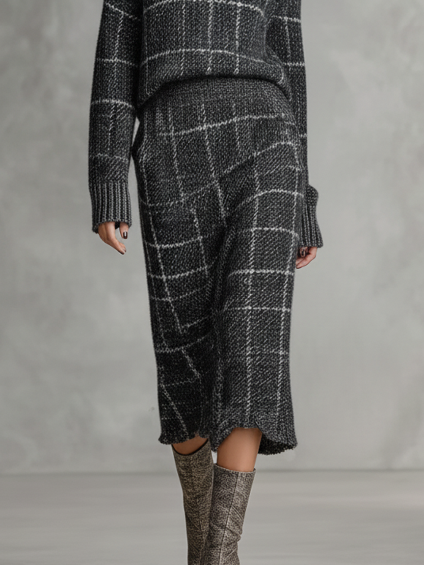 Conjunto de falda y suéter de cuello alto tejido minimalista de cuadro jacquard para mujer MDA1682J4Y