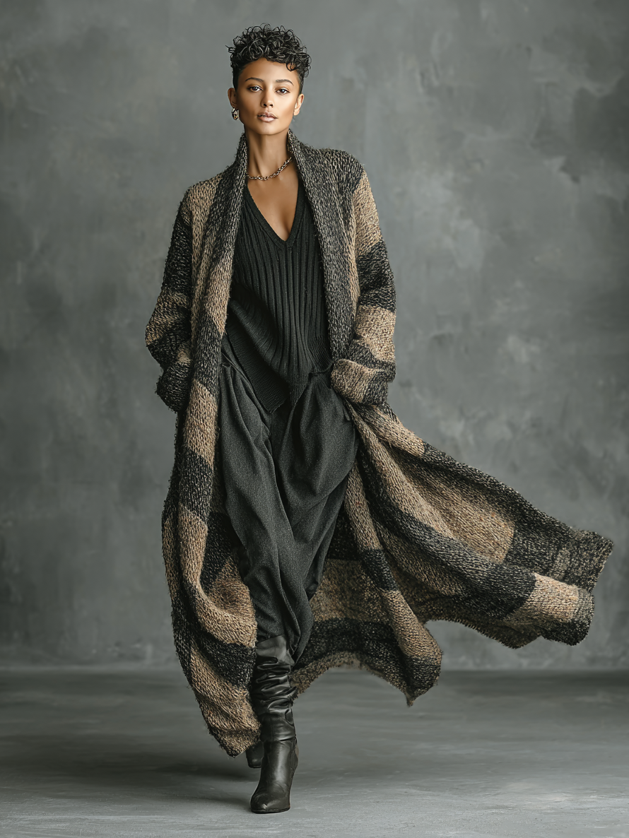 Cardigan Largo Retro de Mujeres con Rayas y Bloques de Color Suelto MDA2685H3Y