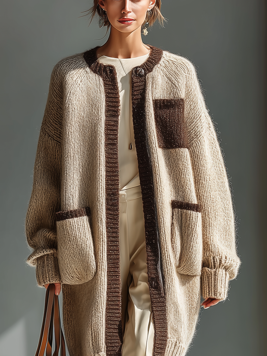 Chaqueta holgada informal de punto grueso beige y marrón claro para mujer MDA2130J7T