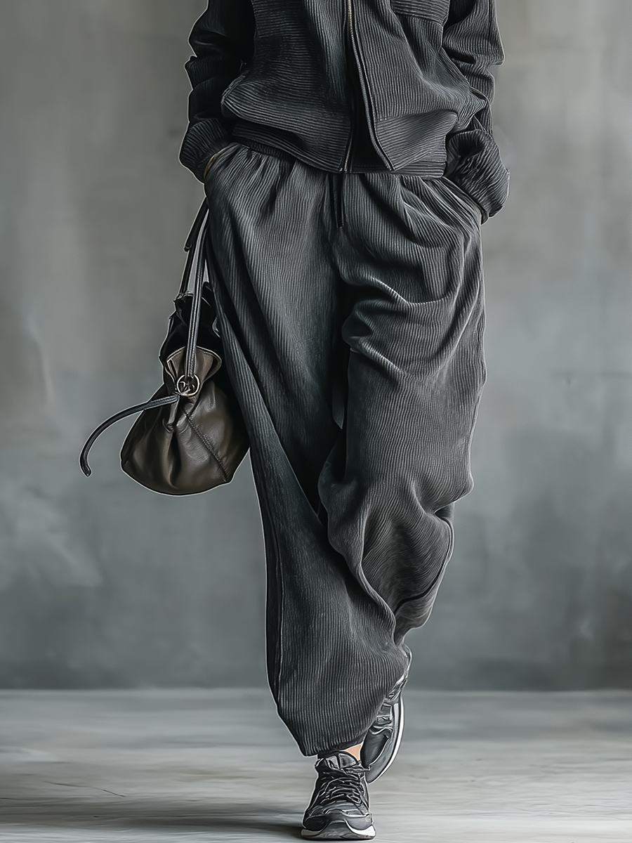 Conjunto de chaqueta deportiva casual de pana gris oscuro para mujer y pantalones rectos MDA2158J2T