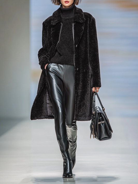 Abrigo de mujer de felpa con efecto de piel sintética, con solapa, de un solo pecho y de longitud media MDA1008J3Y