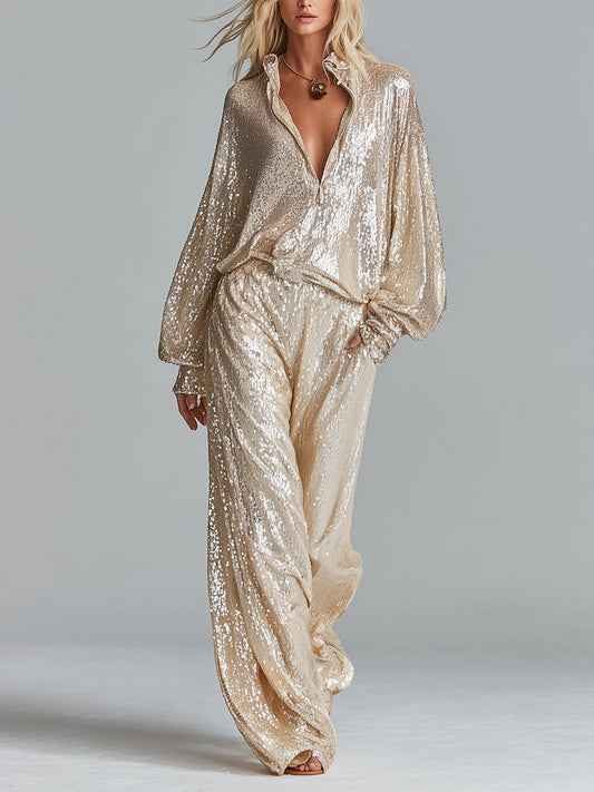 Conjunto de moda para mujer en oro brillante con cuello de lentejuelas, media cremallera, pantalones anchos y cómodos para fiesta MDA2425I0I