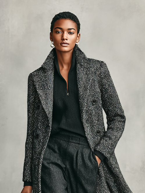 Abrigo largo de doble botonadura para mujer con cuadro de espina de pescado minimalista de mezcla de lana MDA1875I1Y