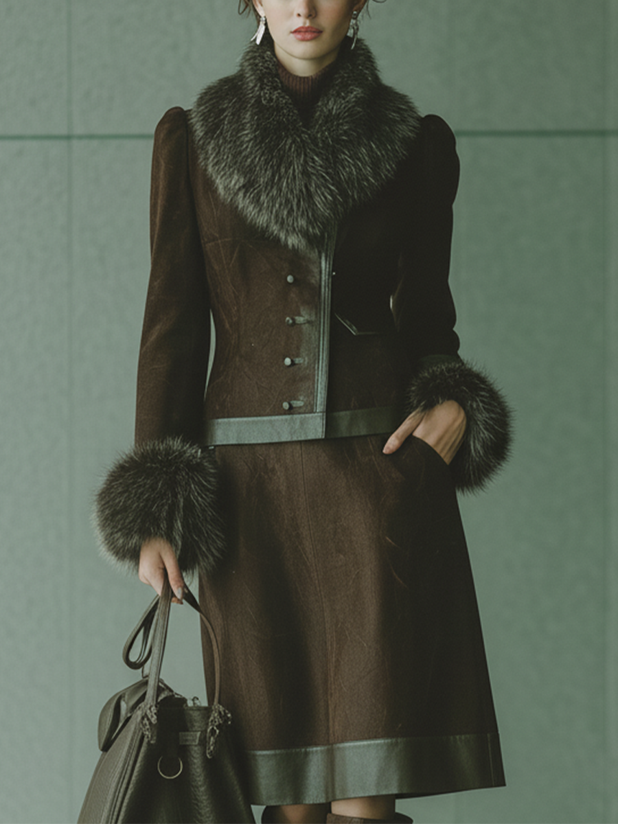 Chaqueta ajustada cómoda con cuello de ante sintético marrón oscuro para mujer MDA2004J5T