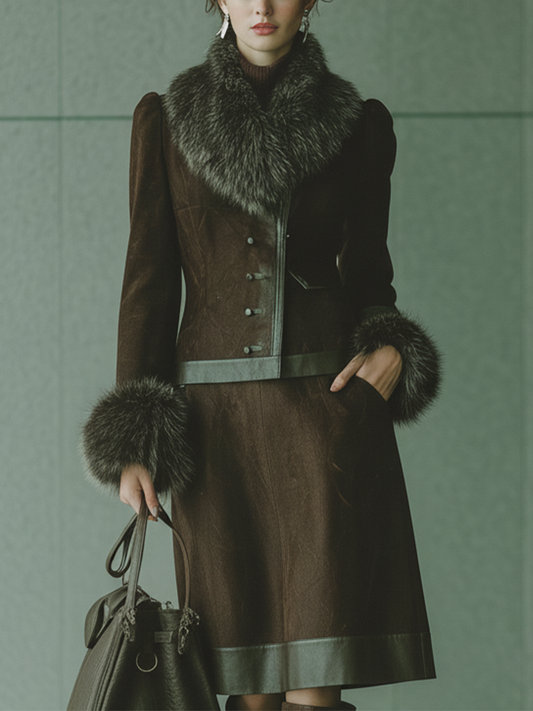 Chaqueta ajustada cómoda con cuello de ante sintético marrón oscuro para mujer MDA2004J5T