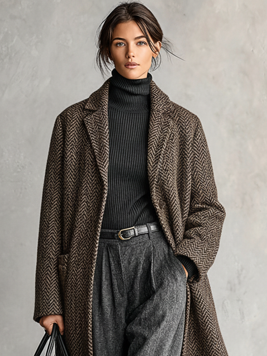 Abrigo largo minimalista para mujer de corte suelto con estilo espiga de mezcla de lana con solapa MDA1780J3Y