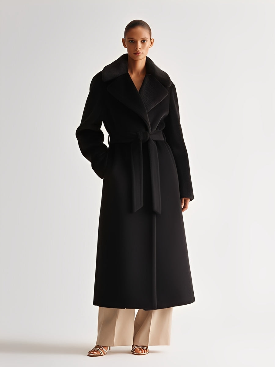 Abrigo de mujer negro de lana con cuello amplio y cinturón de atar, estilo minimalista elegante MDA2342J8I