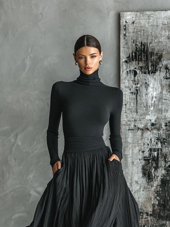 Conjunto de moda femenina en negro con camiseta de cuello alto ajustada y falda plisada MDA1366H1Y