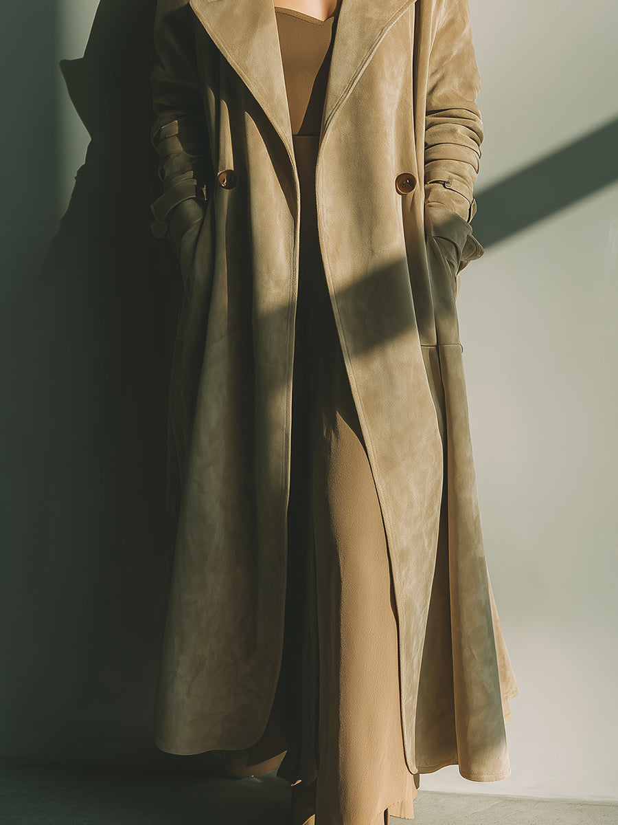 Abrigo de Dama Beige Elegante de Ante Con Doble Botonadura MDA2096J2I