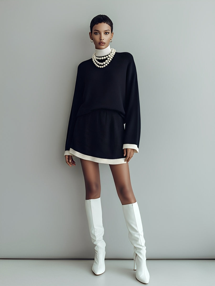 Conjunto de Suéter Mini de Punto en Negro y Blanco para Mujeres, Contraste y Detalle Elegante MDA1328J8I