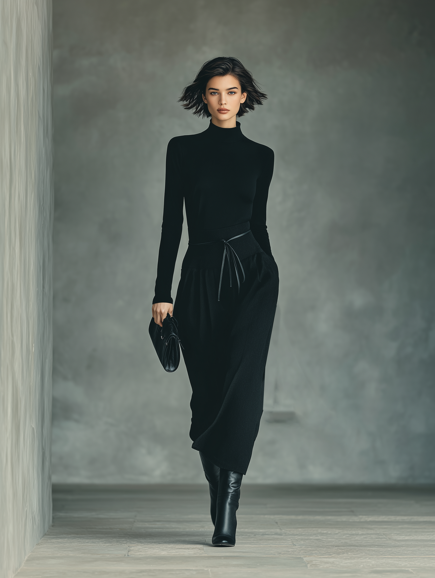 Conjunto de blusa negra para mujer de punto de gran elasticidad y falda de algodón mezclado MDA2450J4T