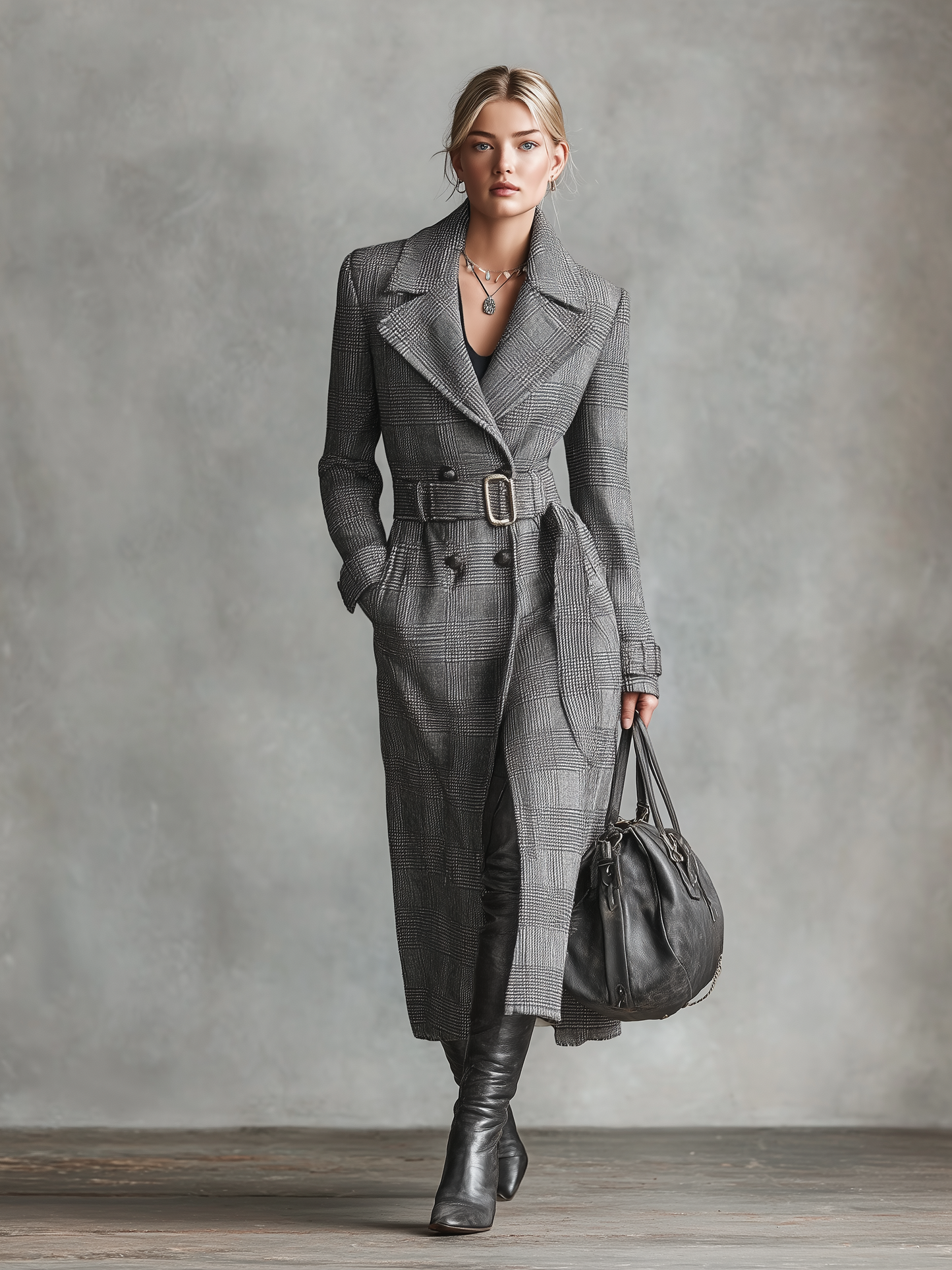 Abrigo largo de mujer con cinturón y estampado de cuadros galeses, solapas, modelo MDA2108J1Y