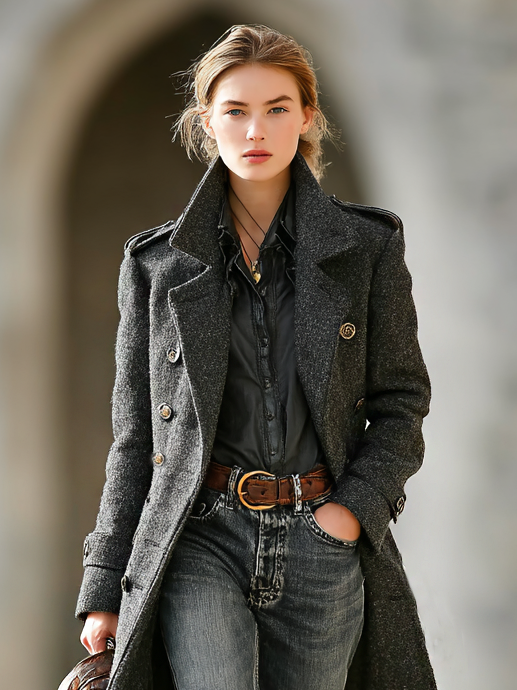 Abrigo largo minimalista de mujer con mezcla de lana, doble botonadura, solapas y hombreras MDA2852I5Y