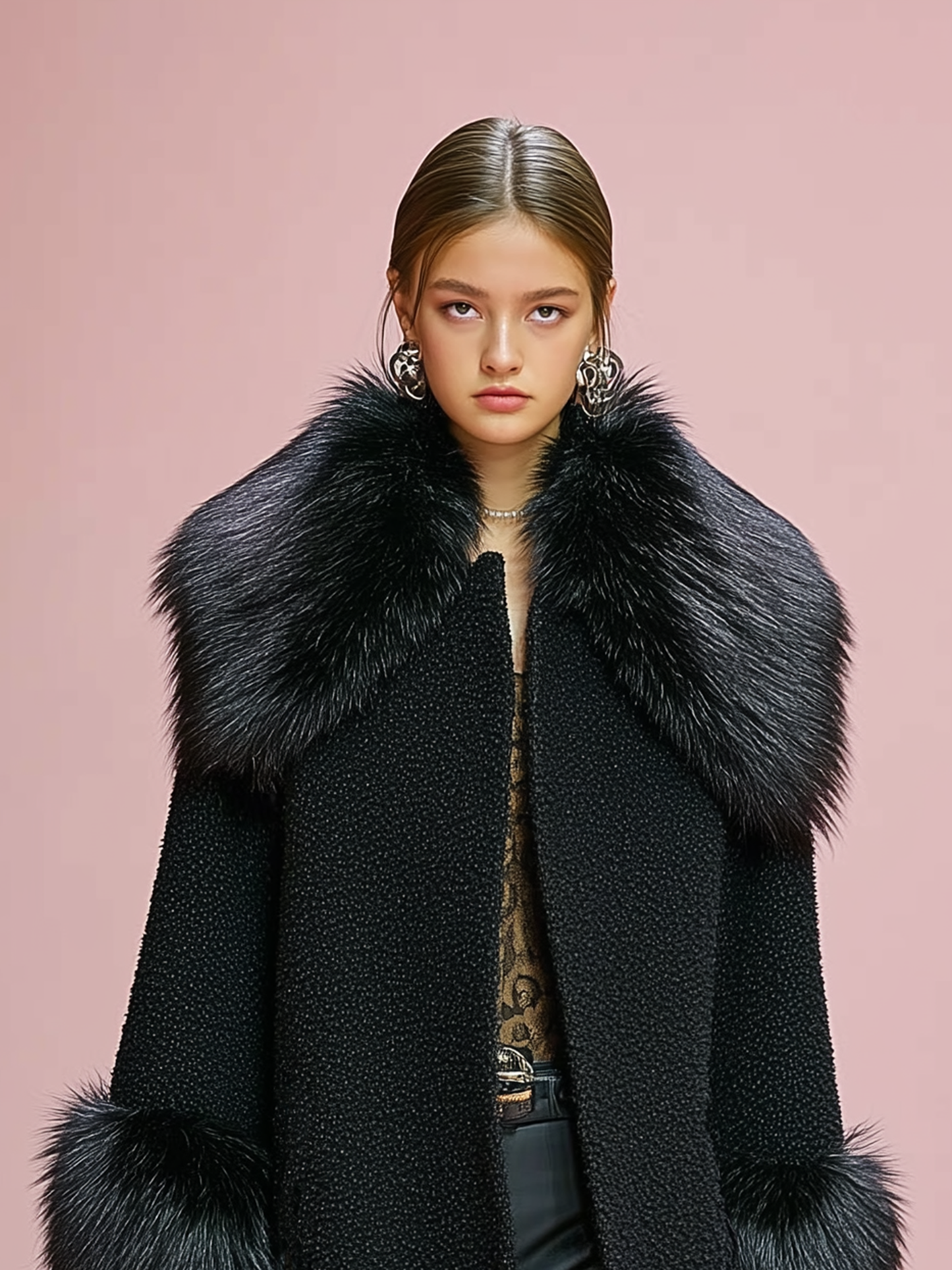 Abrigo de damasco con puños y solapa de mezcla de lana, costuras decorativas y adorno de felpa desmontable MDA1029J2Y